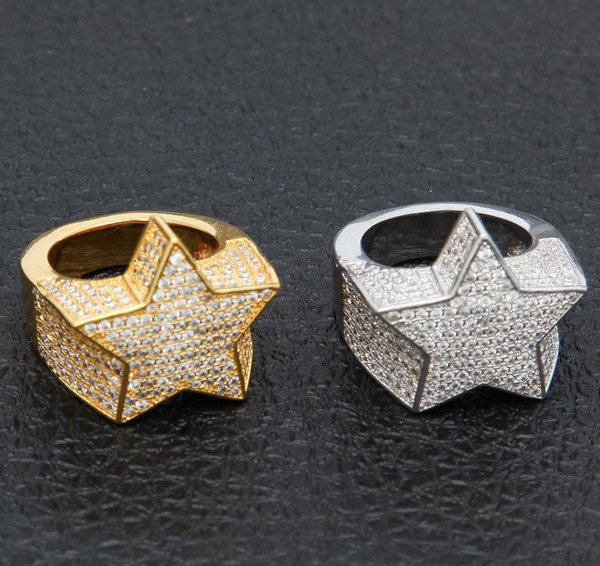 Men Copper Gold Silver Color Plated Exaggerate High Quality Iced Out Cz Stone Star Shape Ring Jewelry