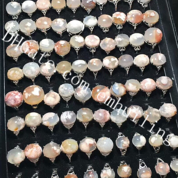 20Pcs Genuine Madagascar Sakura Flower Chalcedony Crystal Beads Rings Beautiful Natural Cherry Blossoms Agate Quartz Gemstone Bead Rings