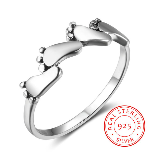 New Women Solid 925 Sterling Silver Four Feet Rings Baby Feet Rings Jewelry Classic Anniversary Rings Vintage Ring Korea Style