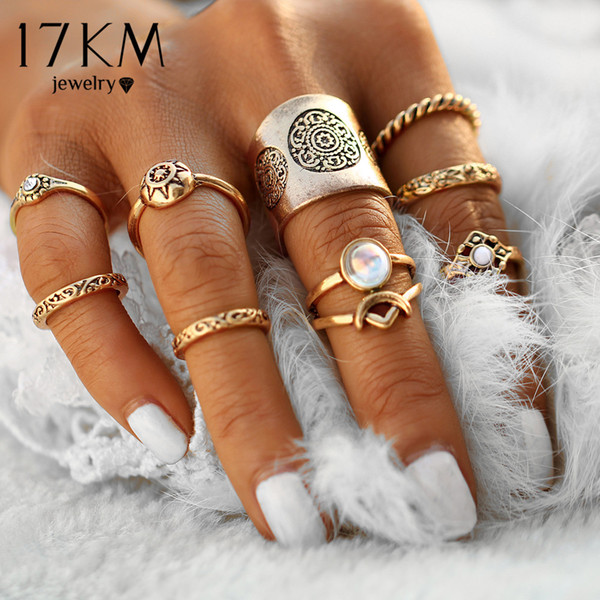 17KM New 9 pcs/set Vintage Silver Color Ring Sets Antique Midi Finger Rings for Women Steampunk Turkish Party Boho Knuckle Ring