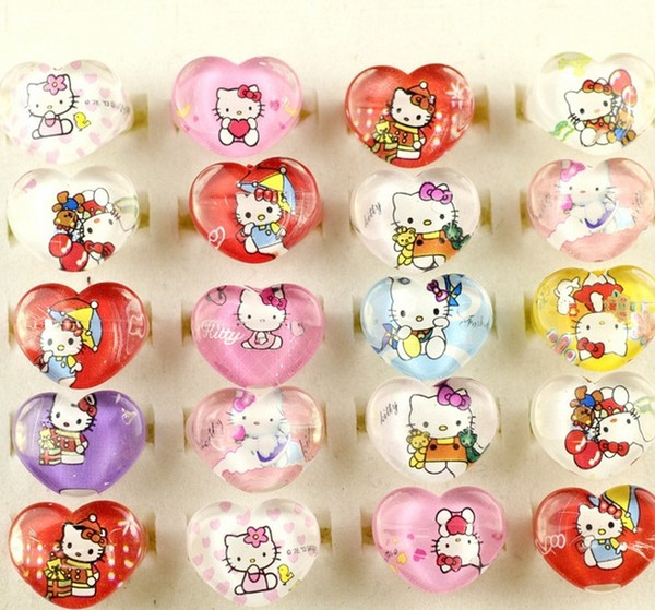 Love Heart Shape Rings Acrylic Cartoon Ring Lovely Finger Cat Ring Girls KT Children Kids Rings Wholesale Jewelry 100pcs/LOT