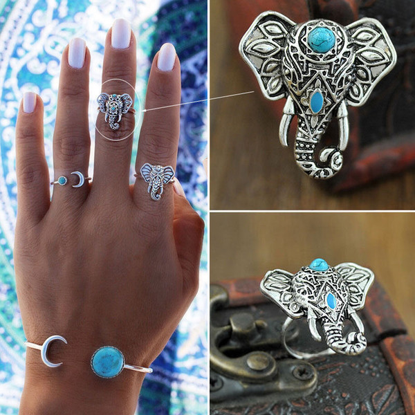 Hot Punk Vintage Ring Womens Retro Elephant Finger Rings Set Boho Style