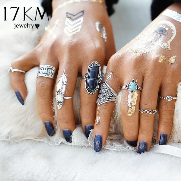 Wholesale- 17KM 8pcs/Set Midi ring Sets for Women Boho Beach Vintage Tibetan Turkish Crystal Silver Color Flower Knuckle Rings Gift