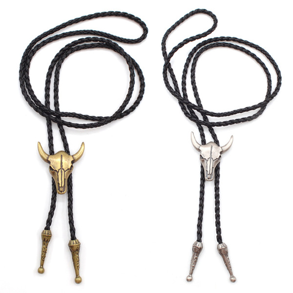 Punk Gothic Style Metal Bull Head Bolo Tie Western Cowboy Artificial Leather Necktie Bola Tie