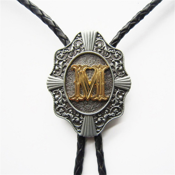 New Vintage Original Initial Letter M Bolo Tie Wedding Leather Necklace BOLOTIE-WT078M Free Shipping Brand New In Stock