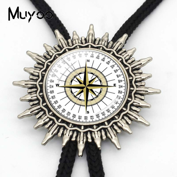 BOLO-0091 New Fashion Vintage Style Compass Patterns Glass Cabochon Silver Bolo Ties Western Hand Craft Slide Neckties Metal Tie