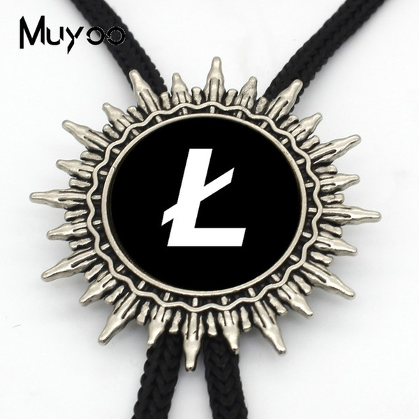 2019 New Fashion Arrival Gray and Black Litecoin Logo Glass Round Cabochon Neckties Metal Ties Silver Slide Bolo Tie Mens BOLO-00100