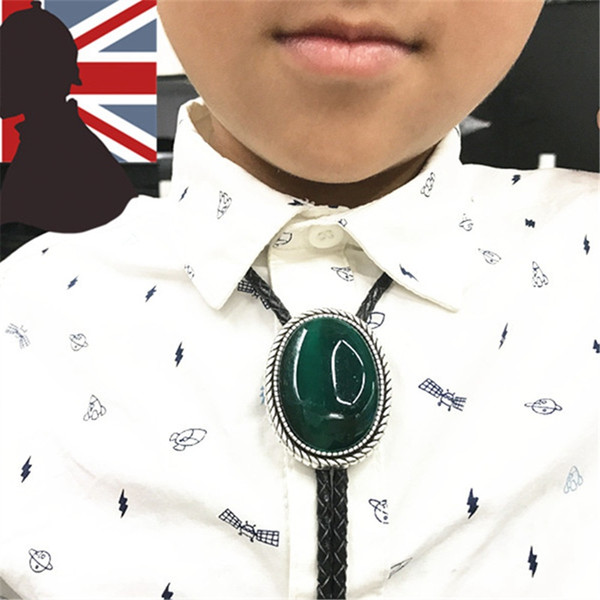 Necktie Men's Necklace Jewelry Fashion Western cowboy Bolo Tie black Leather chain green stone decorative