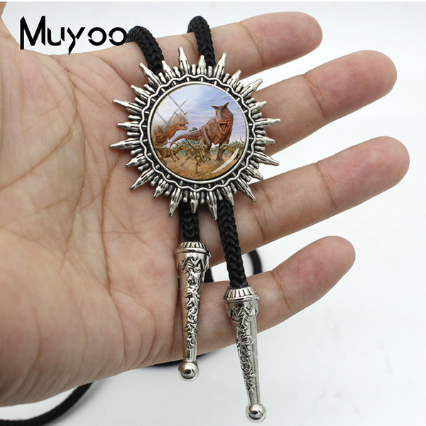 2019 New Arrival Fashion Vintage Glass Cabochon Round Huge Extinct Animal Dinosaur Neckties Metal Ties Silver Bolo Ties BOLO-00103