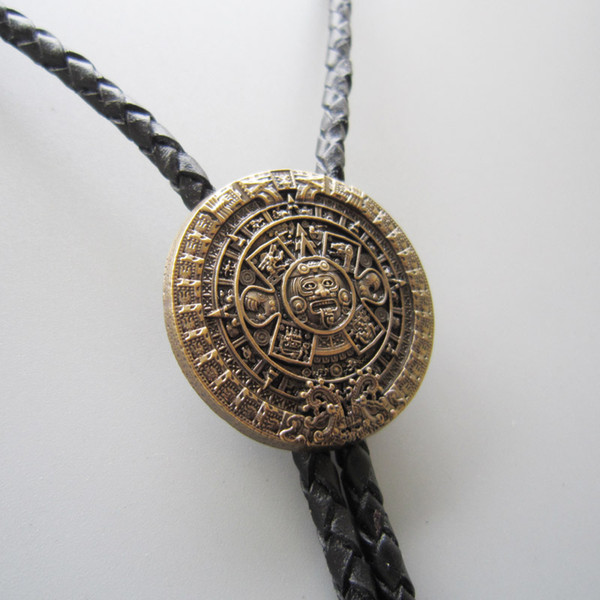 Original Antique Gold Plated Classic Aztec Calendar Sculpting Bolo Tie Necklace BOLOTIE-WT126AG Free Shipping Brand New In Stock