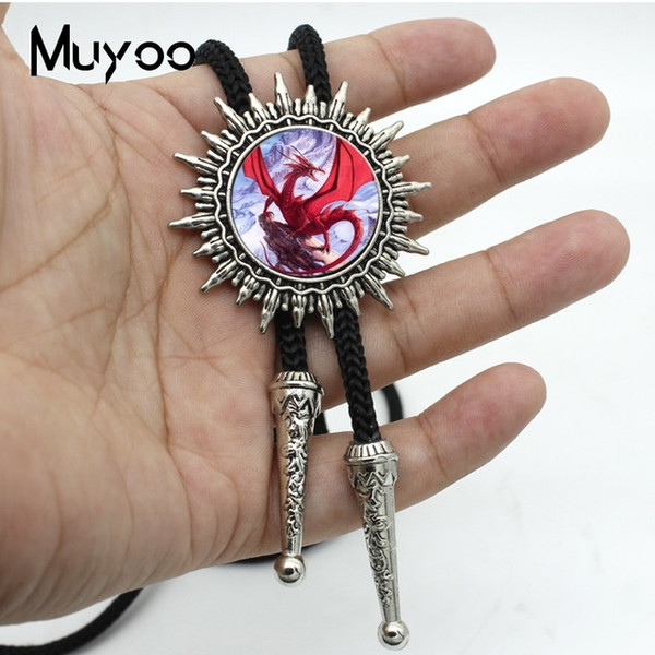 New Fashion Vintage Red Dragon Fiercely Glass Photos Western Bolo Tie Gift for Men Handmade Silver Adjustable Neck Tie BOLO-0098