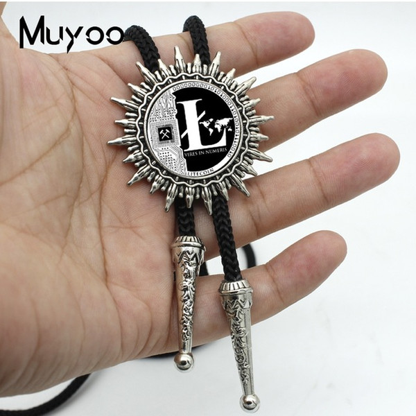 New Fashion Arrival Gray and Black Litecoin Logo Glass Round Cabochon Neckties Metal Ties Silver Slide Bolo Tie Mens BOLO-00100