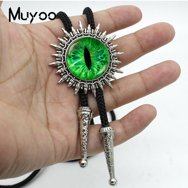 New Fashion Vintage Style Green Cat Eyes Glass Round Cabochon Bolo Ties For Men Hand Craft Adjustable Neck Ties Silver BOLO-0096