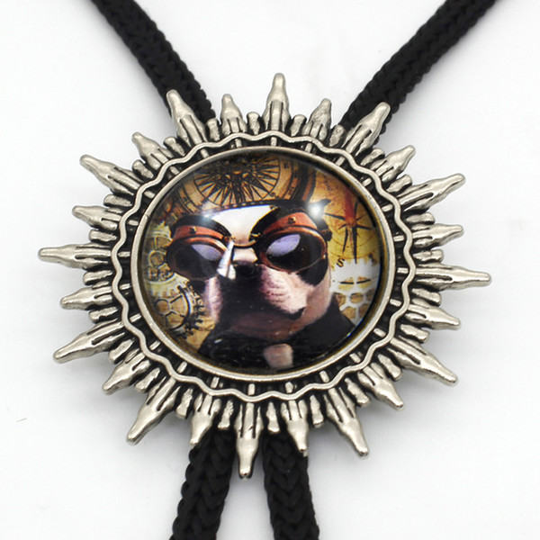 BOLO-0064 New Arrival French Bulldog Bolo Tie Trendy Glass Dome Bulldog Sticker Western Bolo Ties Silver Men Neckties Metal Tie
