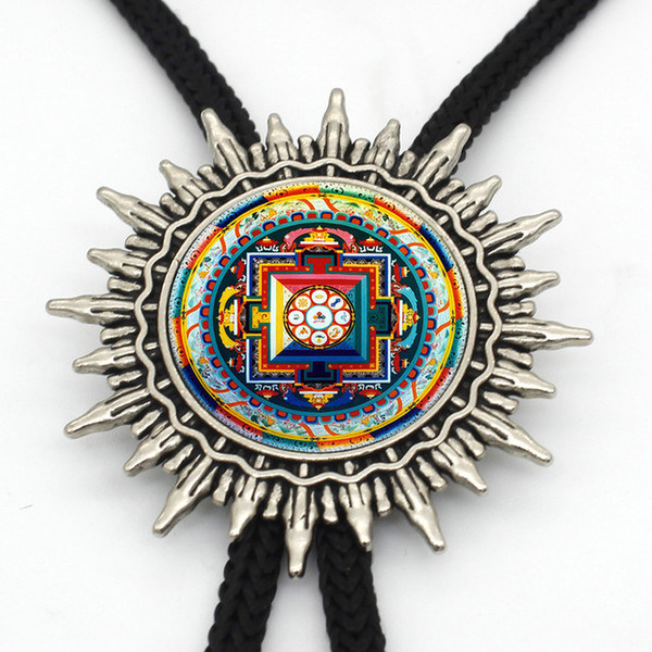 BOLO-0066 New Arrival Buddhism Mandala Bolo Tie Trendy Glass Dome Silver Holy Buddhism Mandala Mens Vintage Neck Ties