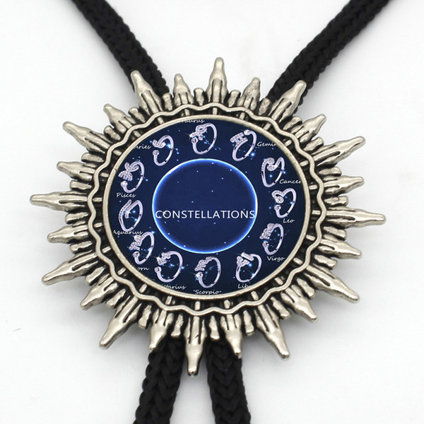 BOLO-0068 New Arrival 12 Zodiac Star Bolo Tie Trendy Glass Dome Zodiac Logo Jewelry Mens Bolo Ties Handmade Slide Necklace