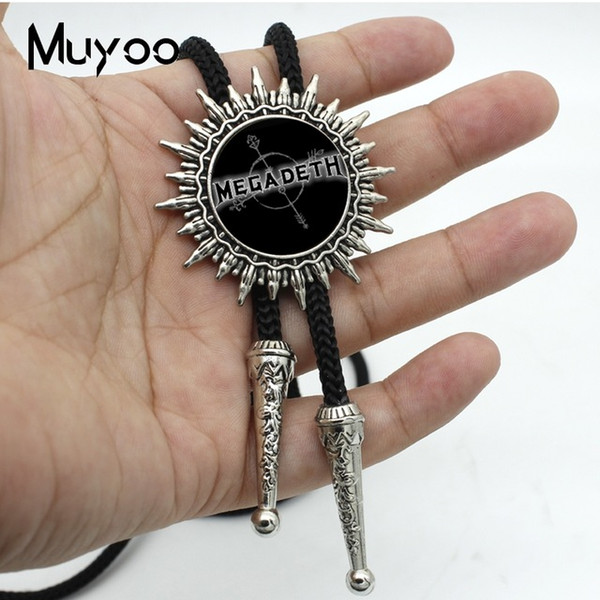 New Arrival Fashion Vintage Glass Cabochon Round Megadeth Logo Sticker Neckties Metal Ties Silver Slide Bolo Ties BOLO-00102