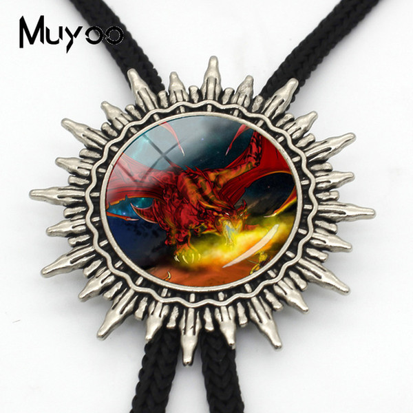 New Fashion Enormous Dragon Mysterious Creature Art Round Photos Western Bolo Tie Gifts for Mens Adjustable Neck Ties BOLO-00105