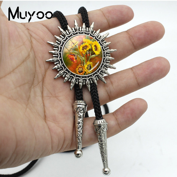 New Fashion Glass Round Cabochon Sunflower Paintings Photos Western Bolo Tie Gifts for Mens Adjustable Neck Ties BOLO-00106