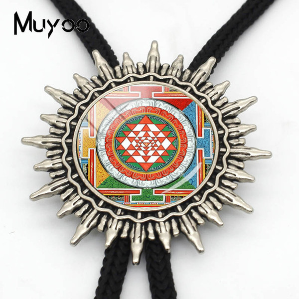 2019 Fashion Hot Buddhist Sri Yantra Geometry Slide Neckties Metal Ties Handmade Glass Cabochon Silver Bolo Ties Men BOLO-0088