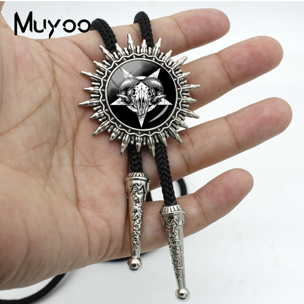 New Arrival Goat Head Pentagram Western Silver Bolo Tie Glass Round Photo Jewelry Shirt Accessory for Men Women BOLO-00127