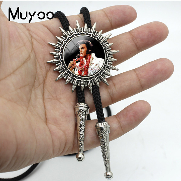 BOLO-01512019 New Fashion Glass Cabochon Bolo Tie Hand Craft Elvis Presley Rock Music Singer Jewelry Silver Adjustable Neck Tie