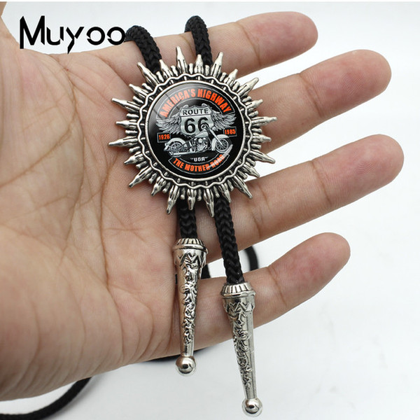 BOLO-0149 New Route US 66 Bolo Tie Glass Dome Jewelry Silver Historic Route 66 USA Necktie Jewelry Best Gift For Men