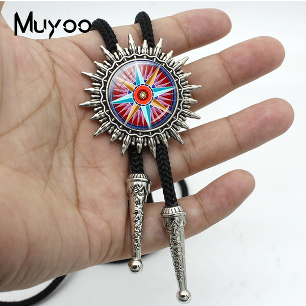 BOLO-0152 2019 Pendant Bolo Tie Compass Art Necktie Compass Jewelry Nautical Compass Rose Art Silver Metal Tie Gift For Men