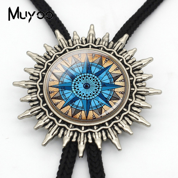 BOLO-00160 Vintage Viking Compass Amulet Jewelry Necklace Compass Amulet Western Bolo Ties Pendant Jewelry Metal Neck Ties