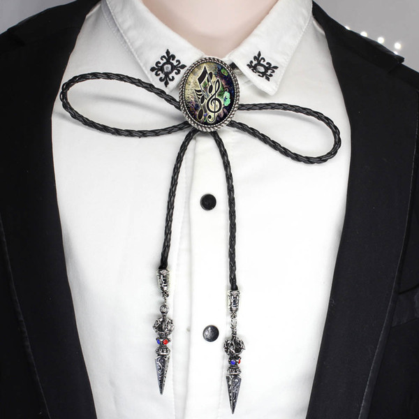 BOLO-002 Bass Clef Bolo Tie necklace black leather chain Treble and Bass Clef Bolo Tie Glass Jewelry Music Bolo-tie Men Shirt