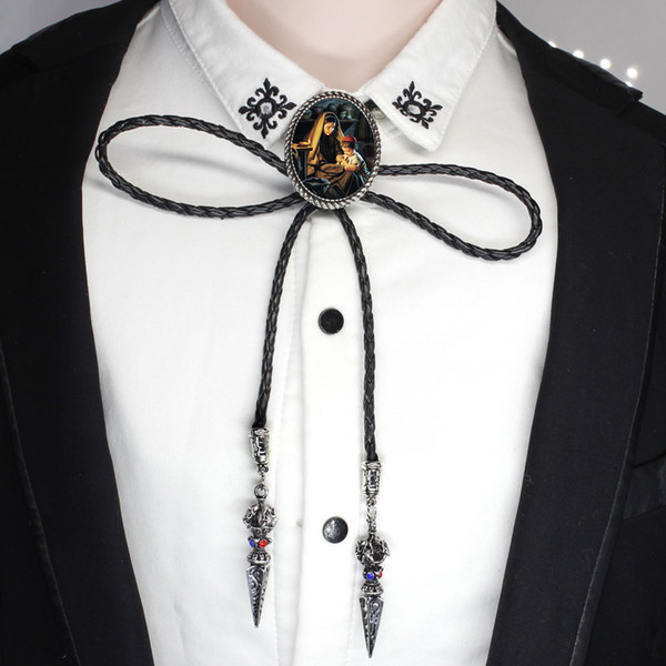 BOLO-0021 New Design Western Jesus Bolo Tie Handmade Jesus Christ Leather Neck Tie Suit Shirt Accessories Chain Jewelry Necklace