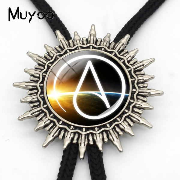 BOLO-0087 Fashion Hot Atheist Atheism Symbol Bolo Ties For Men Hand Craft Atheist Logo Round Glass Dome Slide Silver Neck Tie