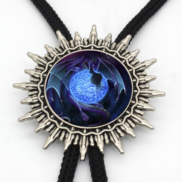 BOLO-0018 New Arrival Blue Dragon Bolo Tie Handmade Glass Dome Jewelry Art Photo Fantasy Wing Dragon Western Bolo Tie