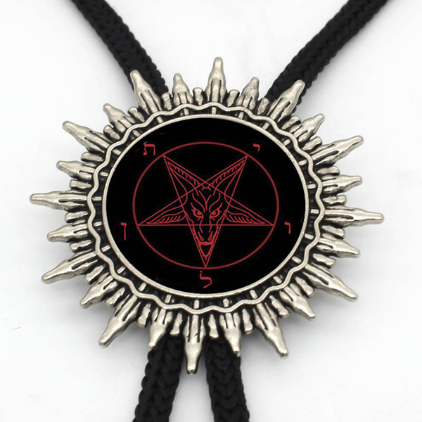 BOLO-0028 New Arrival Baphomet Inverted Pentagram Goat Head Western Bolo Tie Round Glass Dome Baphomet Jewelry Satanism Necklace