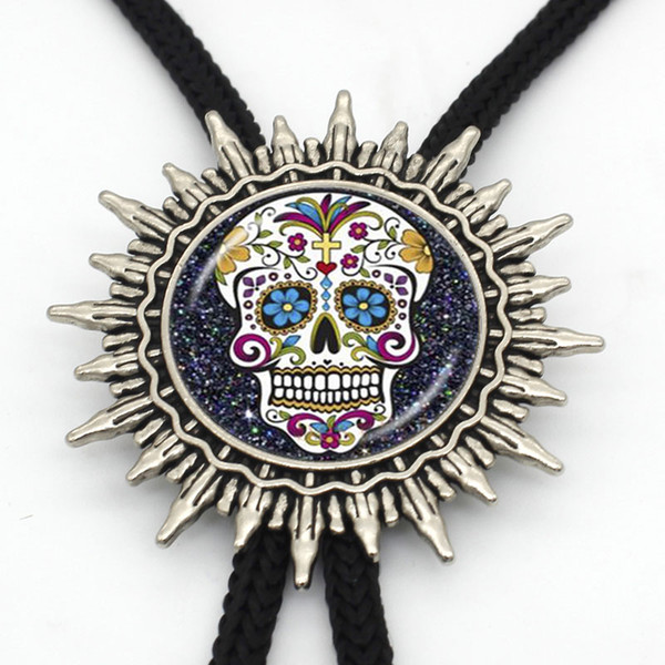 BOLO-0029 New Arrival Tattoo Skull Western Bolo Tie Round Glass Dome Sugar Skull Jewelry Mens Neck Tie Wholesale