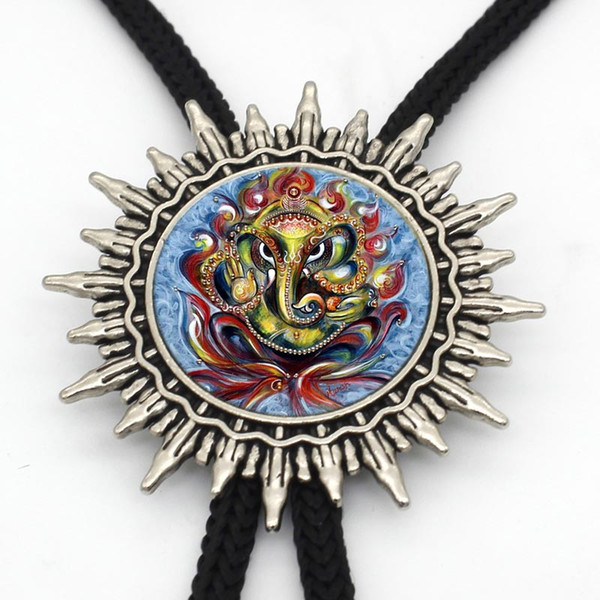 BOLO-0082 New Arrival Hindu God Ganesha Bolo Tie Trendy Lord Ganesha Hindu Gods Glass Dome Slide Vintage Bolo Ties Wholesale