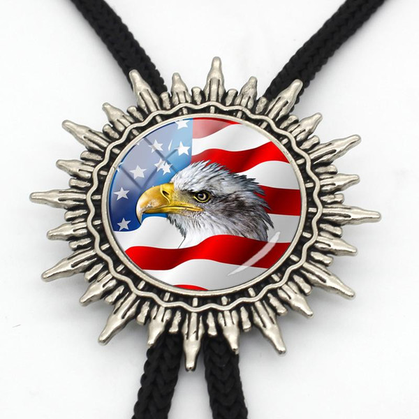 BOLO-0080 New Arrival Eagle Flag Bolo Tie Trendy Bald Eagle On American Flag Glass Dome Photo Slide Bolo Ties For Men