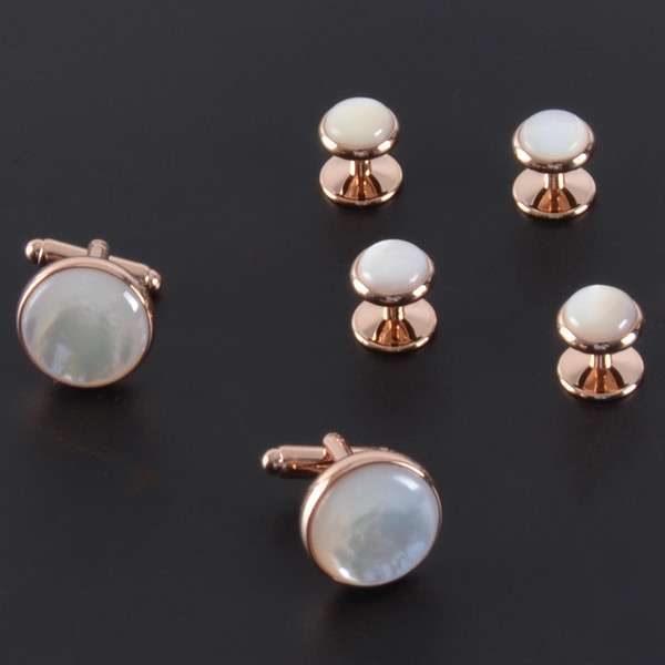 Brand New High Quality Round Rose Gold Pearl Cufflinks & Studs for Men Dress Wedding Proms Charming Jewelry