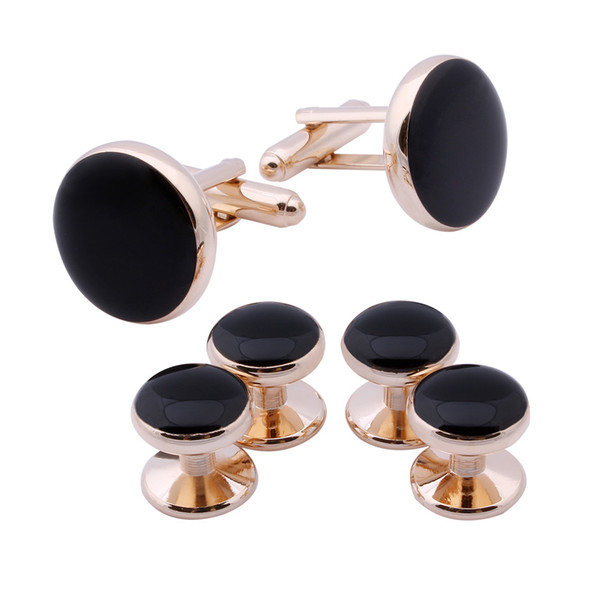 Brand New Popular High Quality Black Enamel Rose Gold Plated Trendy Round 4 Studs Set Cuff-links Jewelry For Men Dress Suit