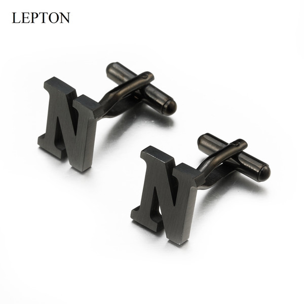 Lepton Stainless steel Letters N Cufflinks for Mens Black & Silver Color Letters N of alphabet Cuff links Men Shirt Cuffs Button