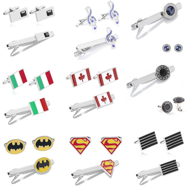 Cuff Link Tie Clip Sets Mix Design Necktie Tie Clips Crystal Alloy Clasp Clip Tie Clasps Batman Superman Silver Plated For Men Gift