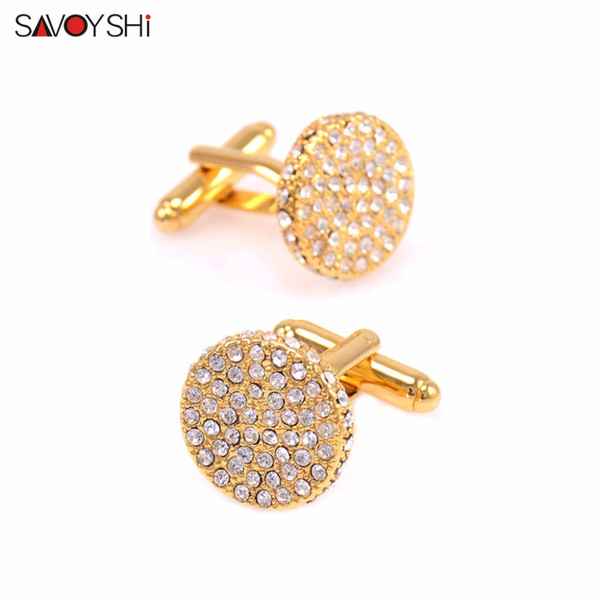 SAVOYSHI Luxury Crystal Cufflinks For Men Shirt Cuff Buttons High Quality Round Gold Color Cufflink Brand Jewelry Wedding Gift