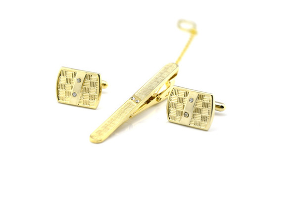 Korean Crystal Plaid Tie Clip Cufflinks Set Costume Jewelry gemelos YP3544