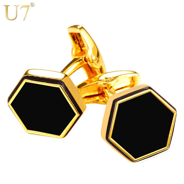 U7 New Hot Trendy Black Cufflinks For Mens Gold Color Business Suit Hexagon Tie Clips & Cufflinks Men Jewelry Wholesale C010