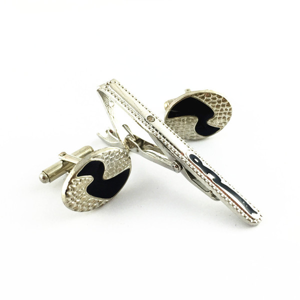 FANCY Cufflink tie clips set balck and silver Cuff link and tie bar jewellery sets DN