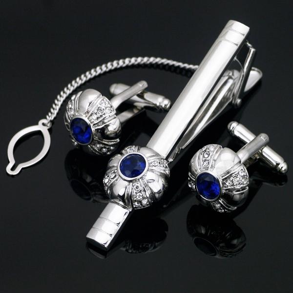 Stainless Steel Blue Crystal Cufflink And Tie Clip Clasp Bar Set Gift Box Free Shipping For Men Gift French Shirt High Quality Z-206