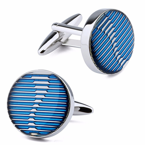 Charming River Pattern Blue Enamel Round Rhodium Plated Base Copper 1 Pair Retail Shirt Cuff Links Men's Jewelry