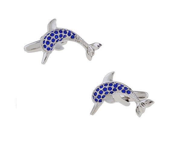 6pairs/lot Blue Rhinestone Dolphin Cufflinks Brass Animal Cuff Links Men's Fashion Jewelry Accessory Gift Wholesale