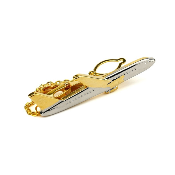 Airplane Tie Clip Gold Color Plated Tie Bar with Chain Pasador Para Corbatas Clip Gift for Men Boyfriend Boss Trendy