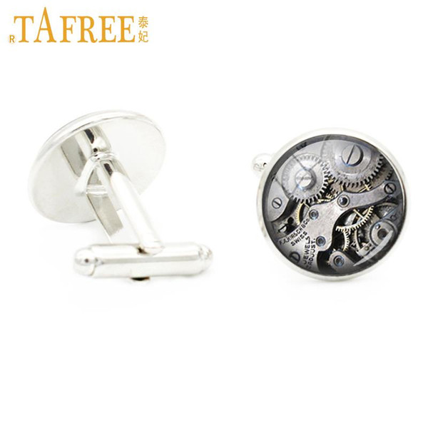 TAFREE Machinery Steampunk Cufflinks personality clock retro vintage Fashion handmade Cuff Link Glass cabochon jewelry D609